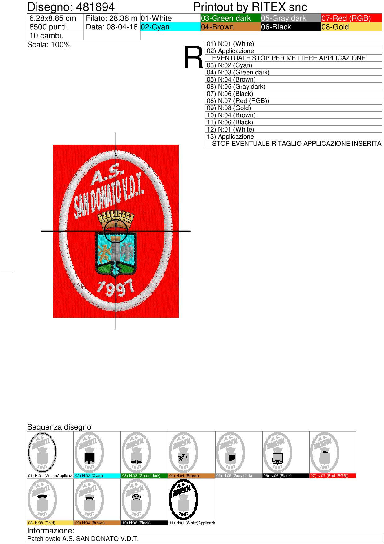 Foglio lavorazione Prg. di ricamo Patch ovale A.S. SAN DONATO V.D.T.