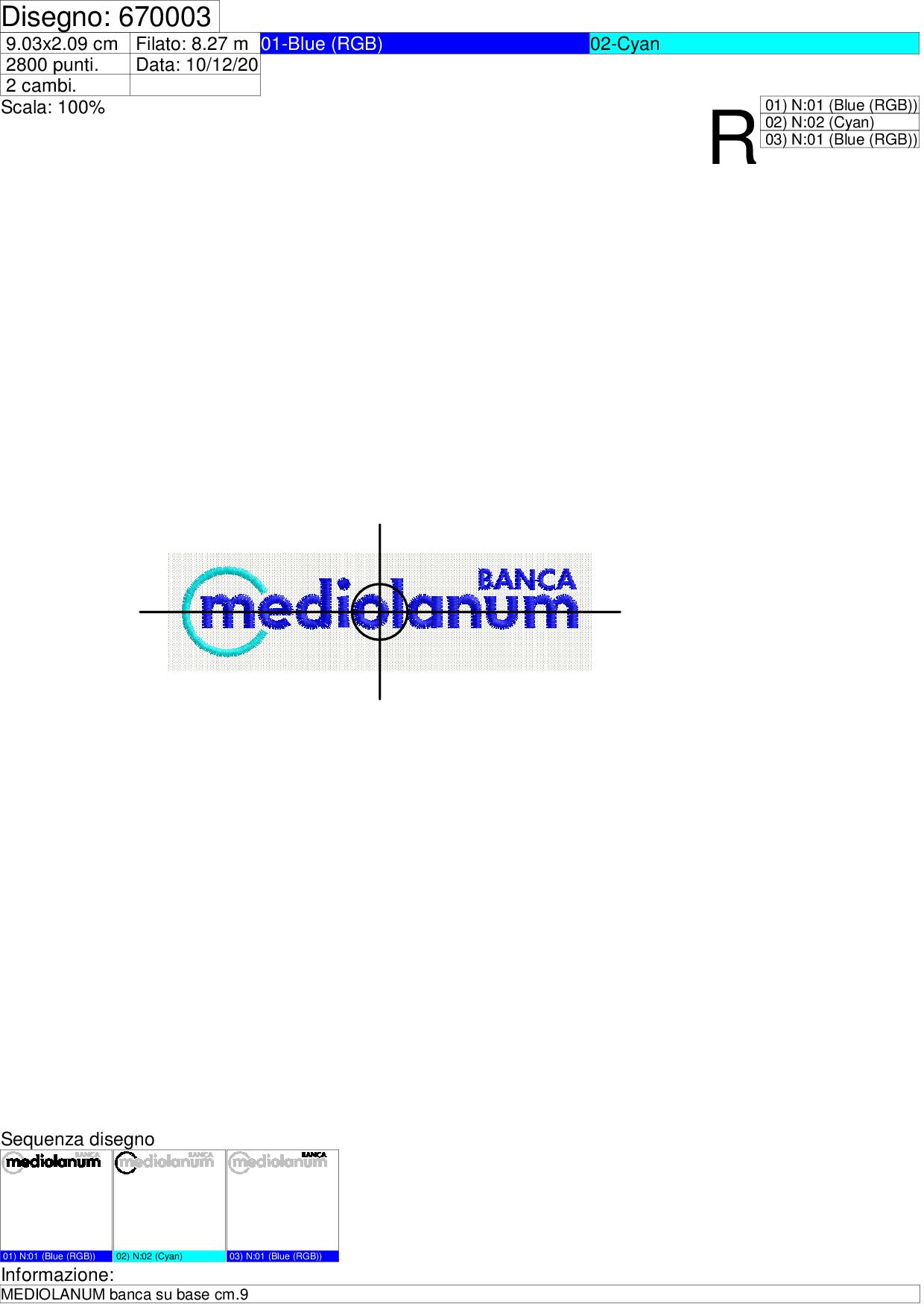 Foglio di lavorazione  ricamo MEDIOLANUM banca su base cm.9