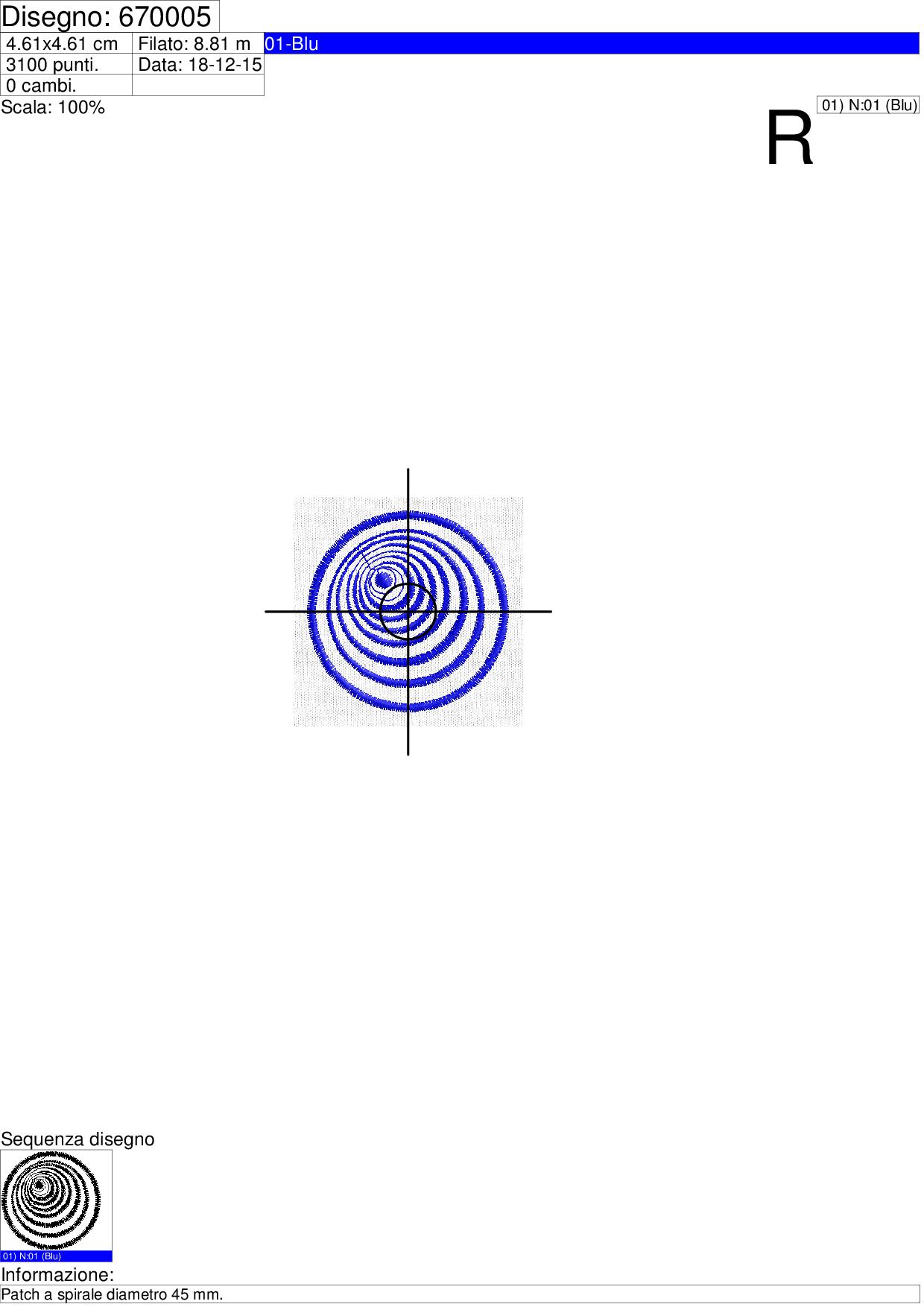 Foglio di lavorazione ricamo Patch a spirale diametro 45 mm.