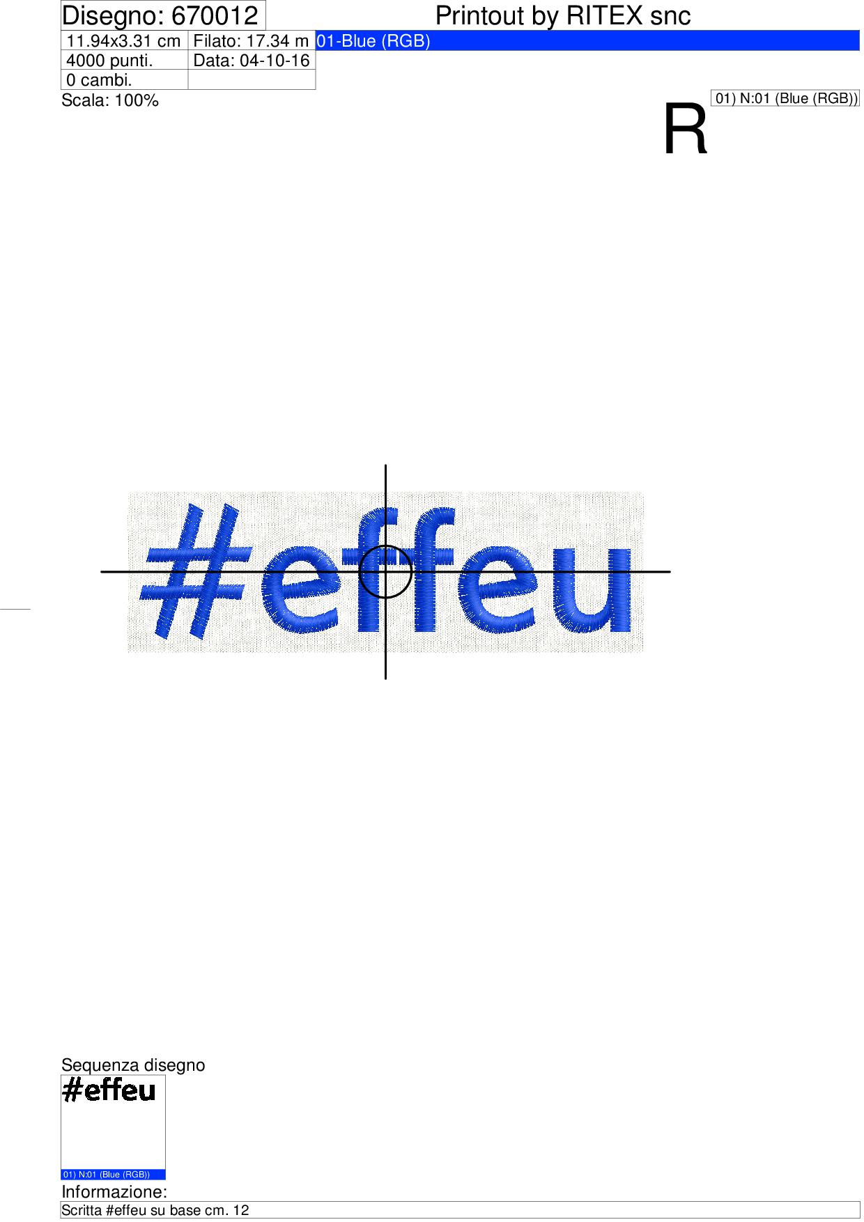 Foglio di lavorazione ricamo Scritta #effeu su base cm. 12