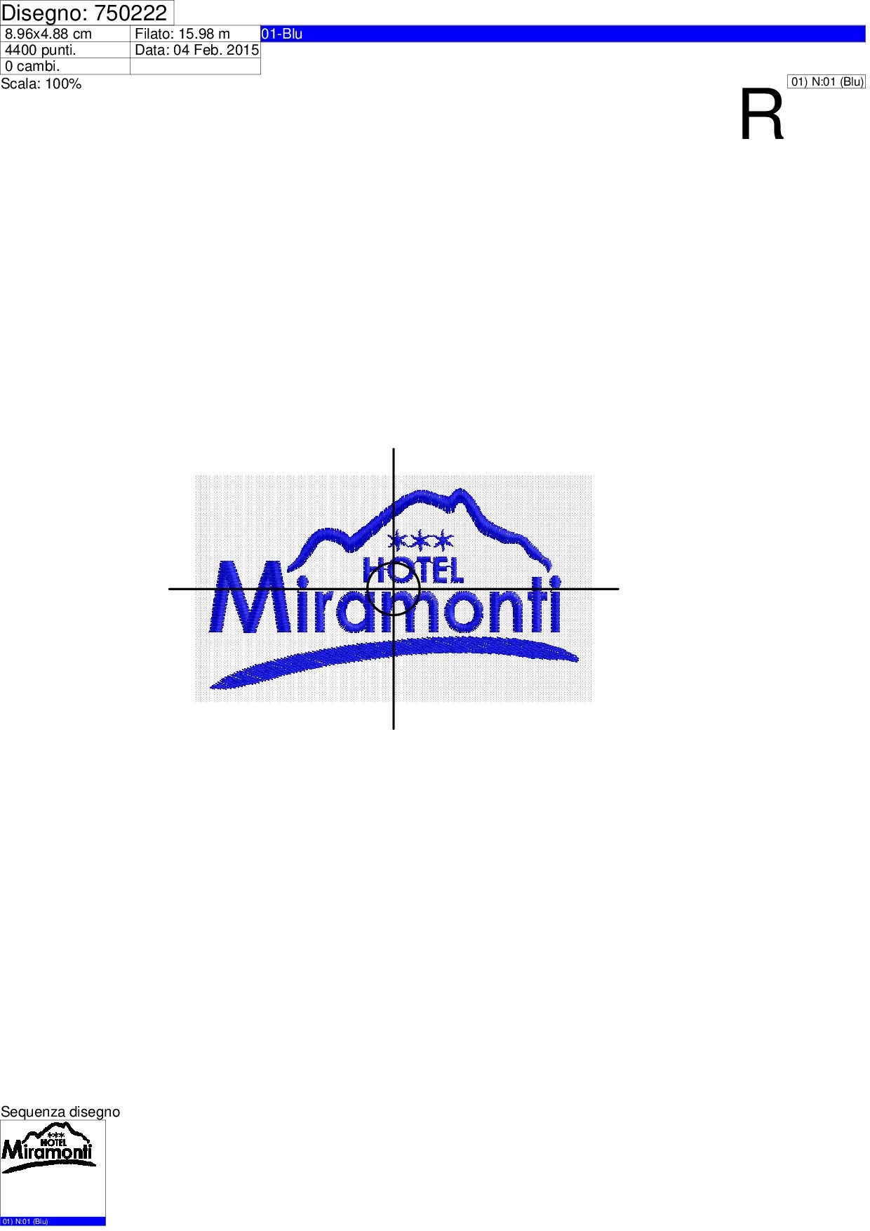 Foglio di lavorazione ricamo Hotel MIRAMONTI 3 stelle