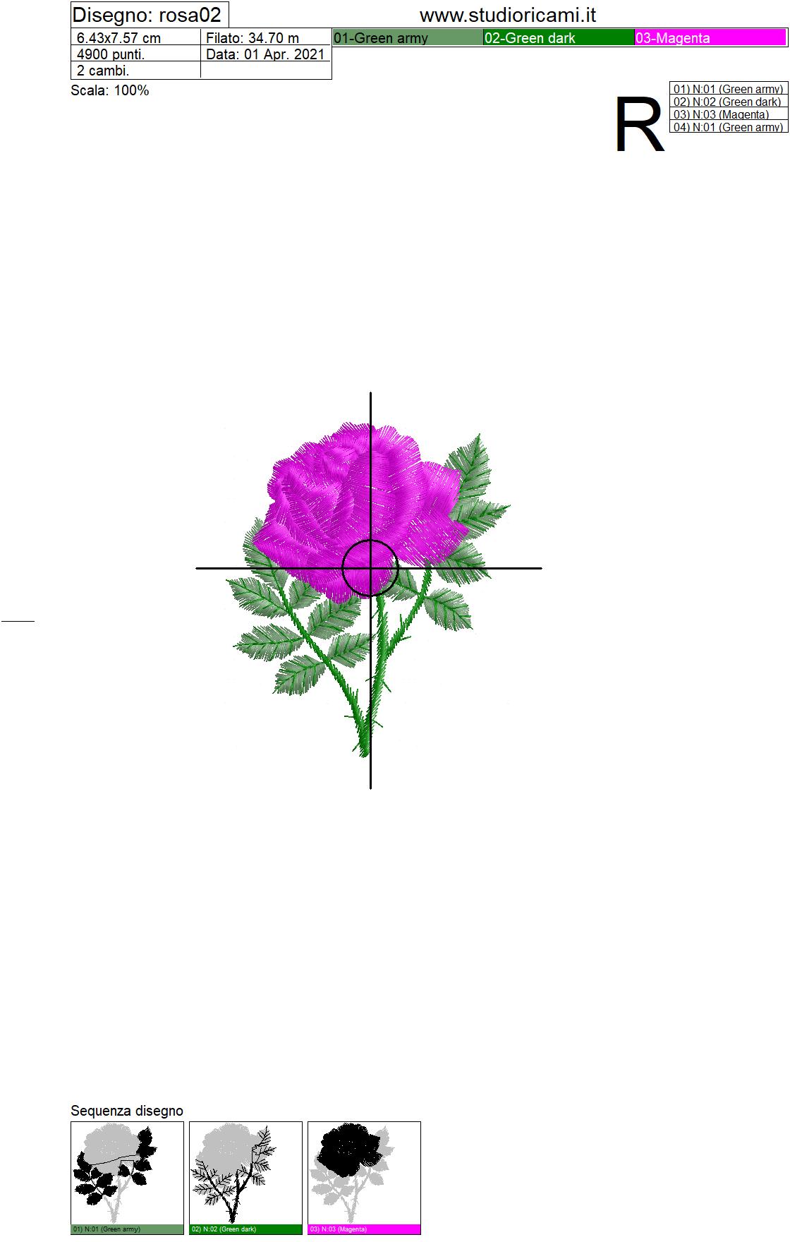 Foglio di lavorazione ricamo di una rosa bocciolo 