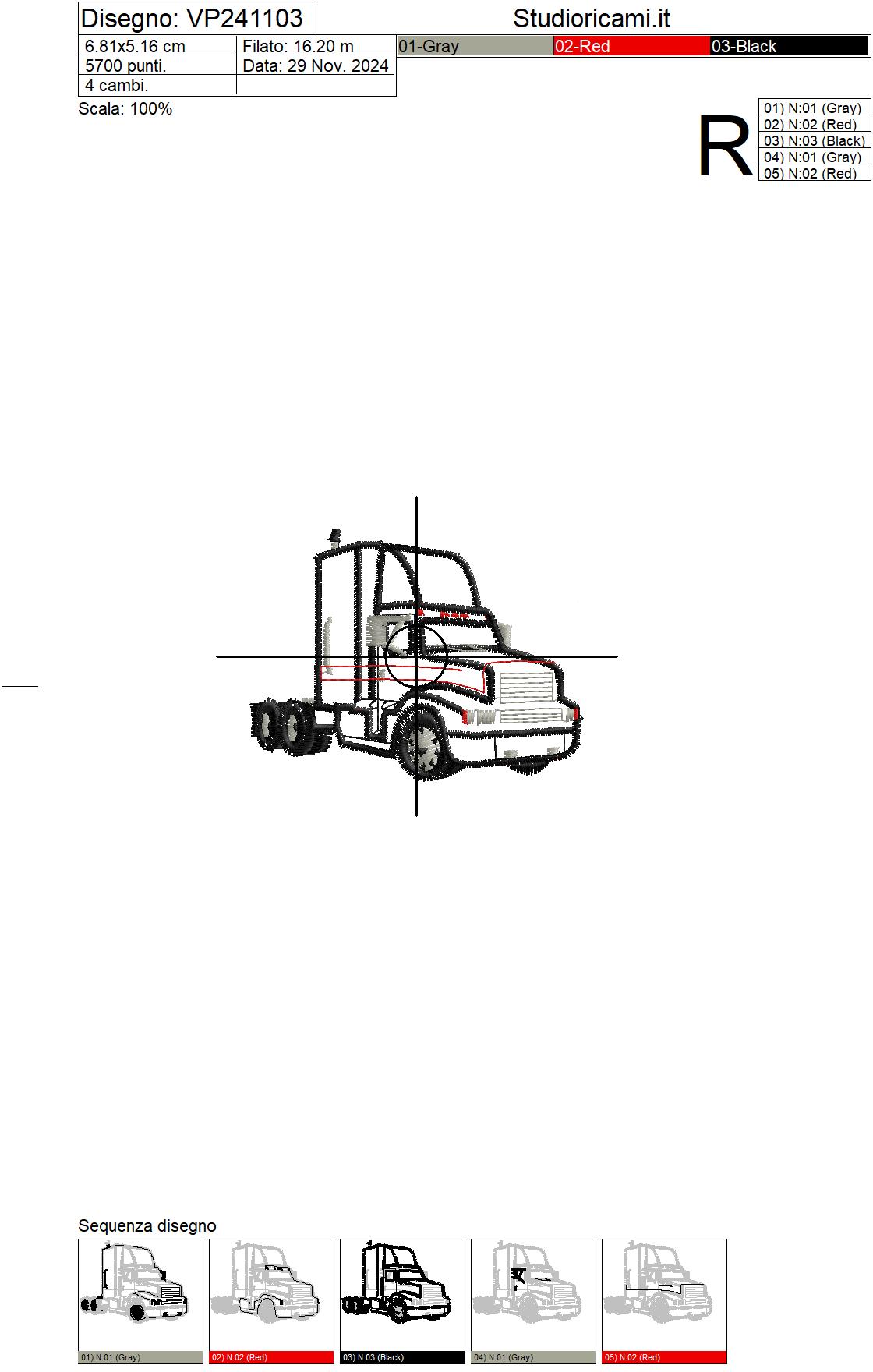 Foglio di lavorazione ricamo piccola motrice truck americano su base cm.7