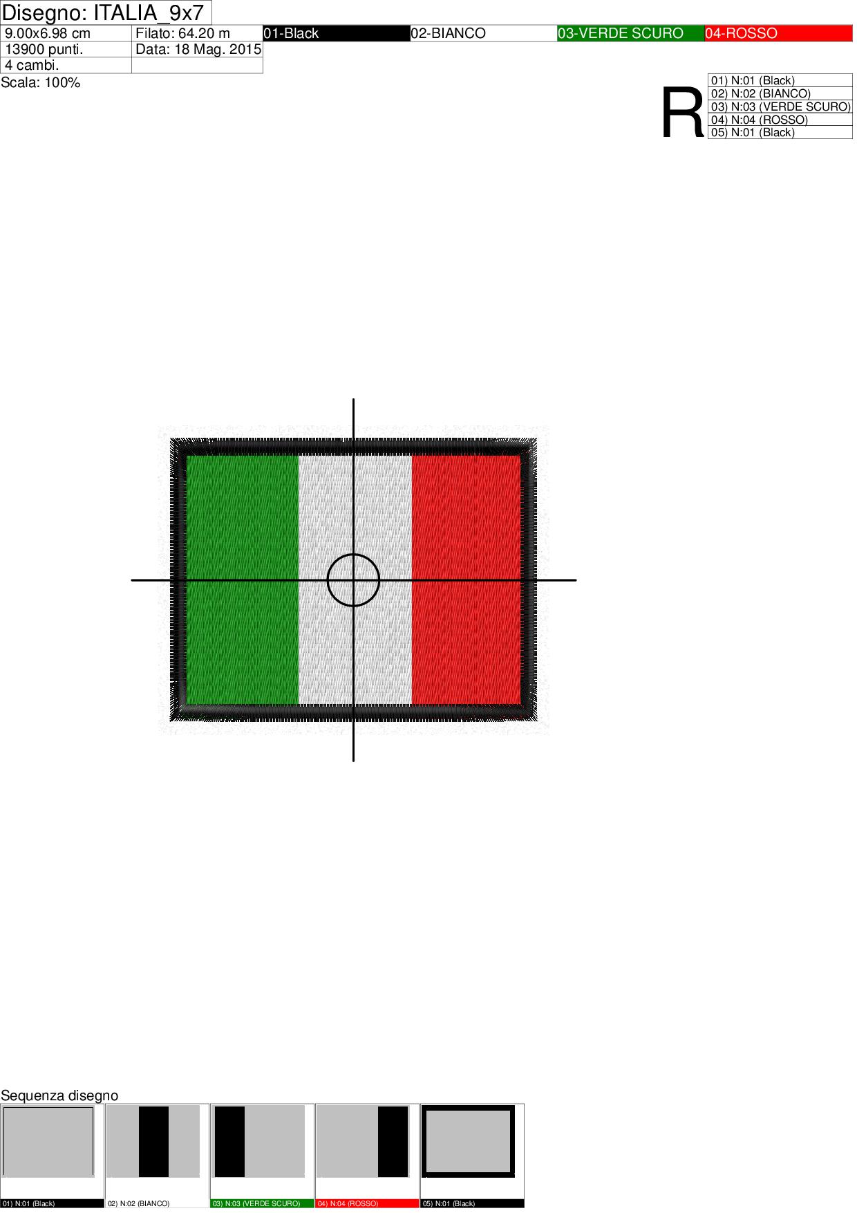 Foglio di lavorazione programma ricamo Bandiera ITALIANA centimetri 9_x_7