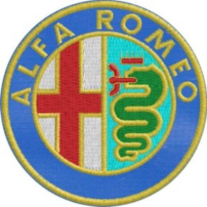 ricamo Logo ALFA ROMEO tondo diametro 7.5 cm. su fondo tessuto blu