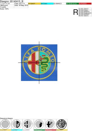 Foglio di lavorazione ricamo Logo ALFA ROMEO tondo diametro 7.5 cm. su fondo tessuto blu
