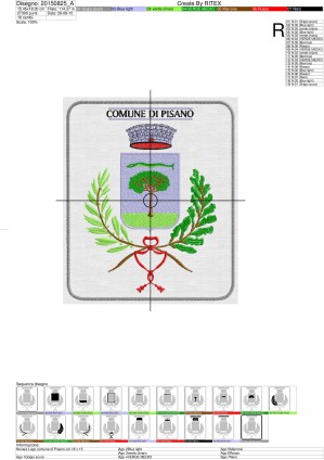 Foglio di lavorazione in formato A3 ricamo Logo comune di Pisano cm.18 x 15 Prov. NOVARA