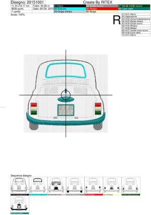 Foglio di lavorazione ricamo posteriore FIAT 500 su base cm.11