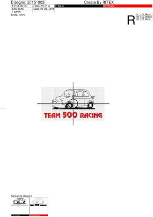 Foglio di lavorazione ricamo FIAT 500 racing su base cm.8