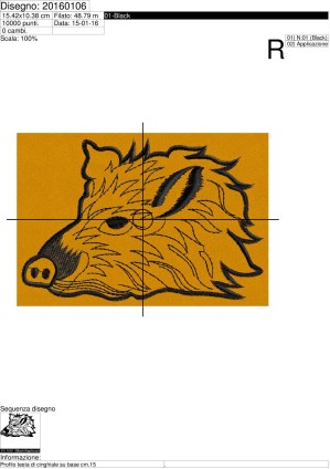 Icona ricamo Profilo testa di cinghiale su base cm.15