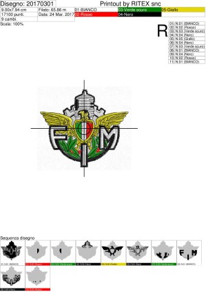 Sequenza colori e lavorazione Programma di ricamo Logo FMI su base cm.9