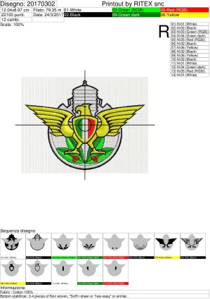 Sequenza lavorazione, colori e puntii ricamo Logo FMI su base cm.12