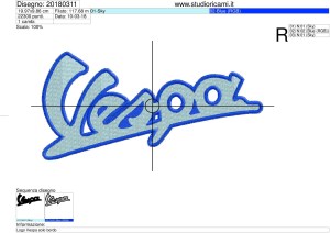 Sequenza di lavorazione ricamo scritta Vespa punto pieno su base cm.20