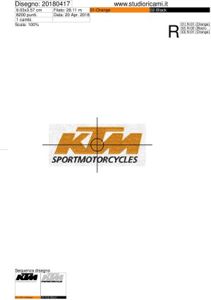 Foglio informazioni Programma di ricamo scritta KTM SPORTMOTORCYCLE su base cm.9