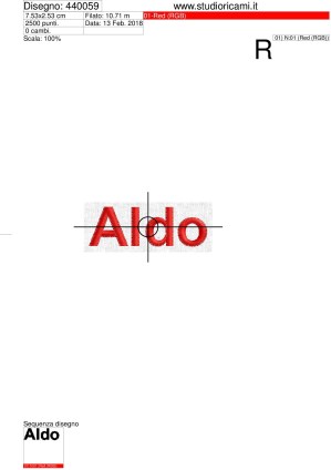 Foglio di lavorazione nome Aldo da 8 cm. programma di ricamo