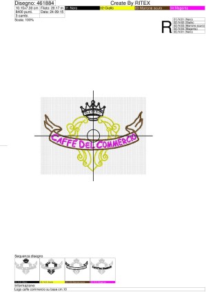 Foglio di lavorazione ricamo Logo caffe commercio su base cm.10