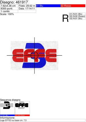 Foglio di lavorazione Prg. ricamo lLogo EFFE3 su base cm. 7,5