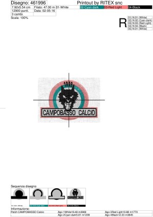 Foglio lavorazione patch ricamato CAMPOBASSO Calcio su base cm.9