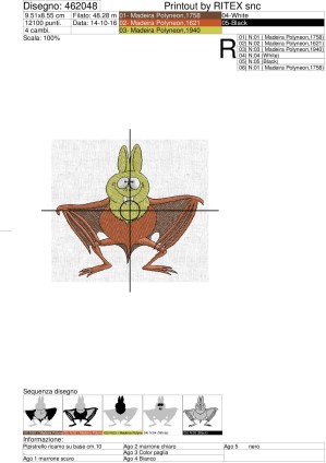 Sequenza colori e foglio di lavorazione Pipistrello ricamo su base cm.10