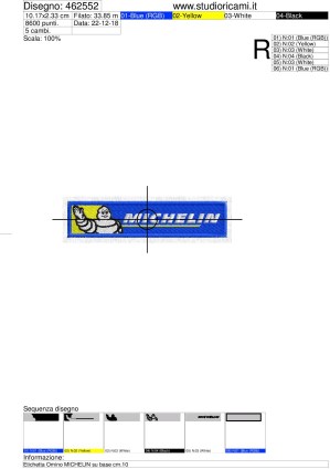 Foglio informazioni ricamo Etichetta Omino MICHELIN su base cm.10