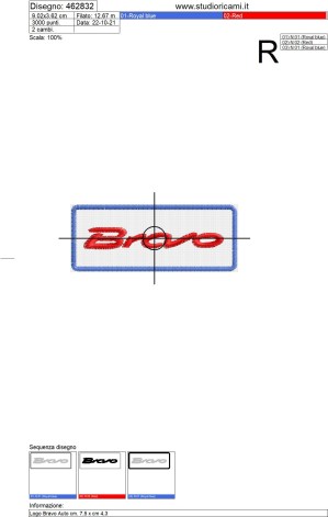 Foglio di lavorazione file di ricamo Logo Bravo Auto cm. 9 x cm 3,5