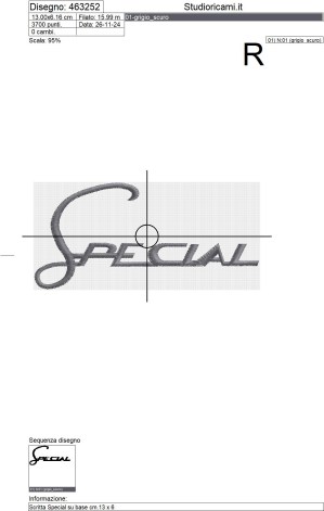 Foglio di lavorazione ricamo Scritta Special su base cm.13 x 6