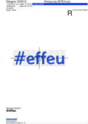 Foglio di lavorazione ricamo Scritta #effeu su base cm. 12